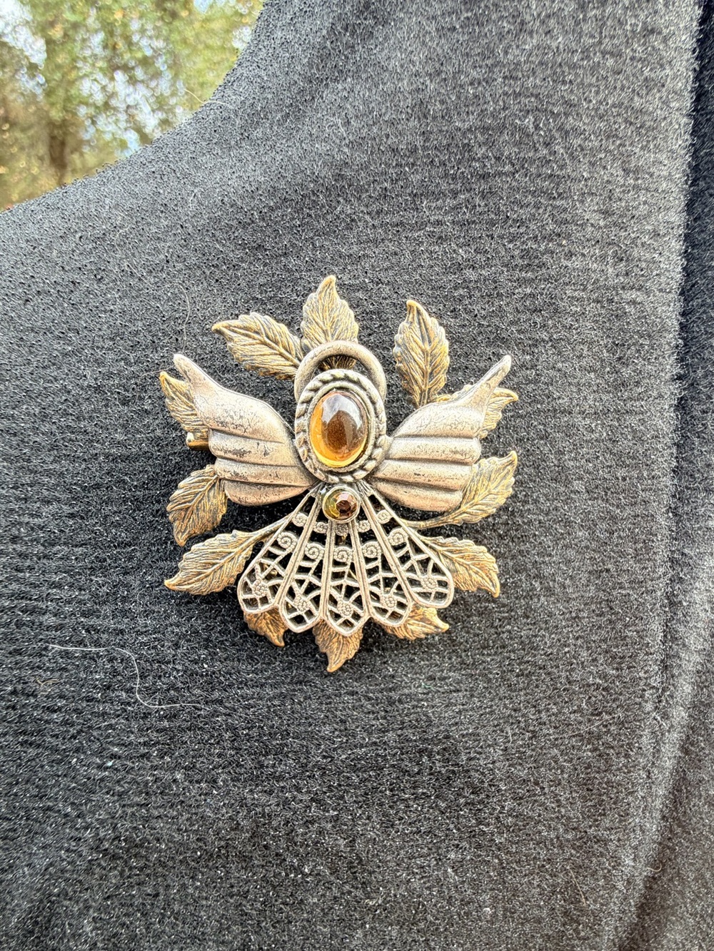 Vintage Mixed Metal Guardian Angel Brooch Pin Amber Faux Gemstone Fall Leaves